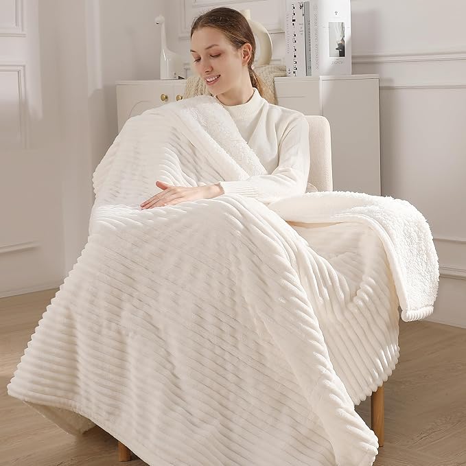 Electric Throw Heated Throw 50''x60'', Striped Flannel & Thicker Sherpa, 5 Heat Settings & 4 Hour Auto Off with FCC/ETL Certified, Overheat Protection & Machine Washable, Great Gift, White