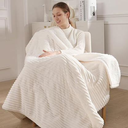 Electric Throw Heated Throw 50''x60'', Striped Flannel & Thicker Sherpa, 5 Heat Settings & 4 Hour Auto Off with FCC/ETL Certified, Overheat Protection & Machine Washable, Great Gift, White