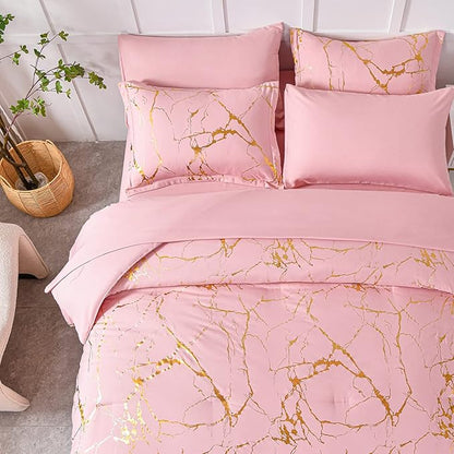 Yogeneg Gold Metallic Marble Comforter Set Queen Size,7 Piece Bed in a Bag,Foil Print Glitter Pink Comforter and Sheet Set,All Season Soft Microfiber Complete Bedding Sets(Pink,Queen)