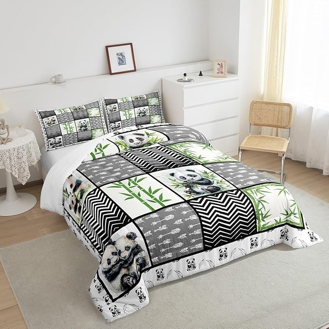 Kawaii Panda King Size Comforter Sets for Kids Boys Girls,Green Botanical Leaves Bedding Sets Youth Men Bedroom Decor,Cartoon Bear Black White 3 Pieces Quilt Set,Splicing Geometric Duvet Insert