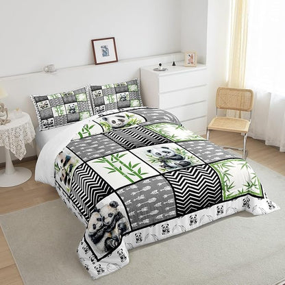 Kawaii Panda Toddler Size Comforter Sets for Kids Boys Girls,Green Botanical Leaves Bedding Sets Youth Men Bedroom Decor,Cartoon Bear Black White 2 Pieces Quilt Set,Splicing Geometric Duvet Insert