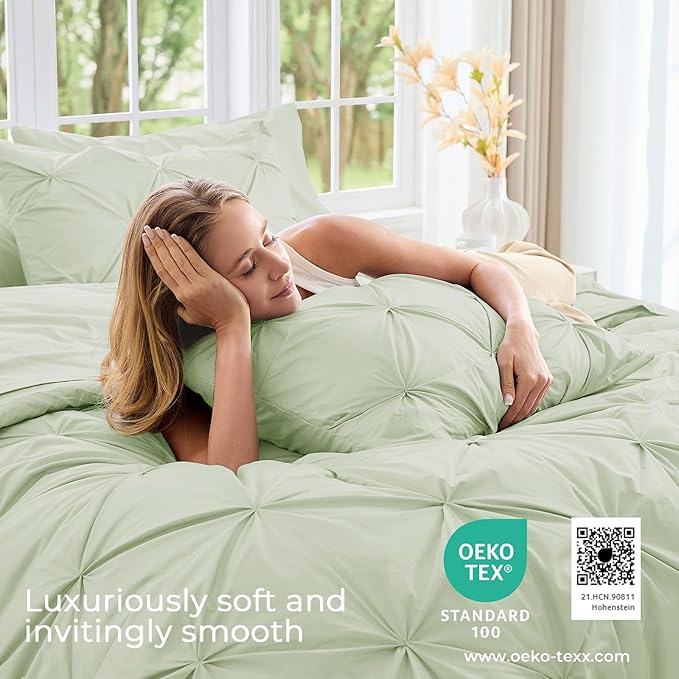 Sasttie Twin Comforter Set, 5-Piece Bed in a Bag, Pintuck Bedding Sets for All Season, Includes Comforter, Flat Sheet, Fitted Sheet, Pillowcase and Pillowsham, Mint