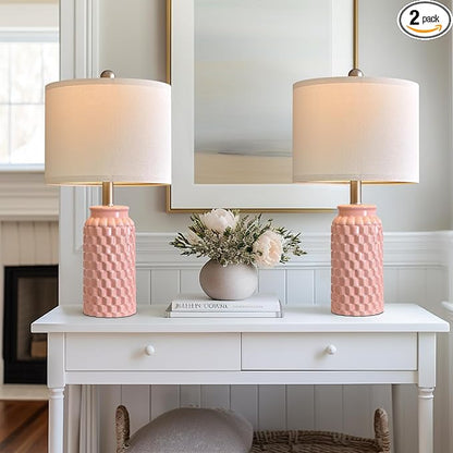 20.5" Set of 2 Bedside Table Lamps Modern Pink Honeycomb Ceramic - Linen Shade, E26 Knob Switch for Living Room, Bedroom & Nightstand