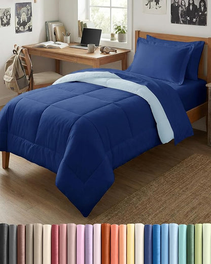 Twin Comforter Set - 5 Piece Bed in a Bag Twin Size Bed Set - Down Alternative Comforter, Flat Sheet, Fitted Sheet, Pillowcase & Sham for All Seasons - Soft, Comfy & Breathable - Navy Blue/Sky Blue