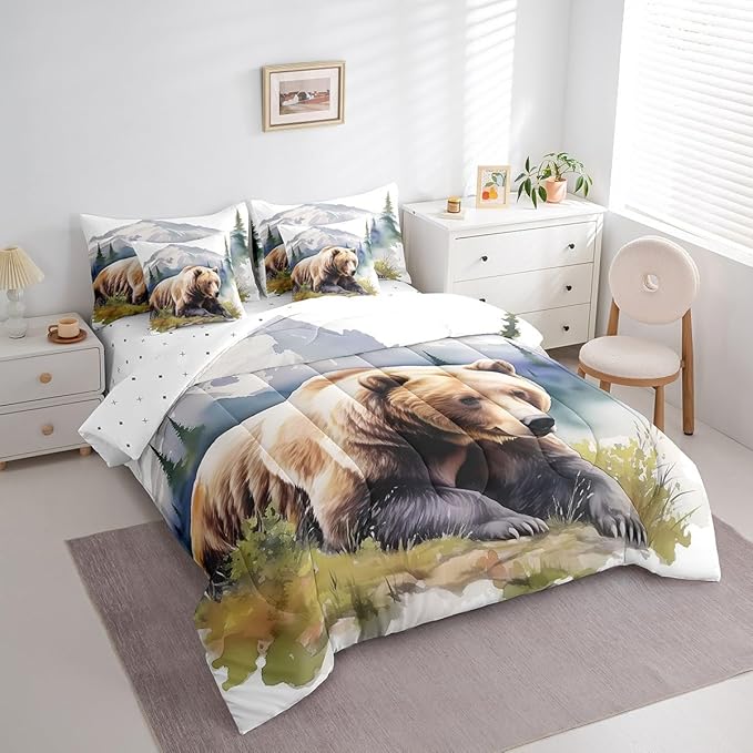Erosebridal Brown Bear King Comforter Set for Boys Rustic Wildlife Theme Bedding Bed in A Bag, Farmhouse Cabin Decor Bed Set Bedroom Decor 7 Pieces for Kids Teens Youth