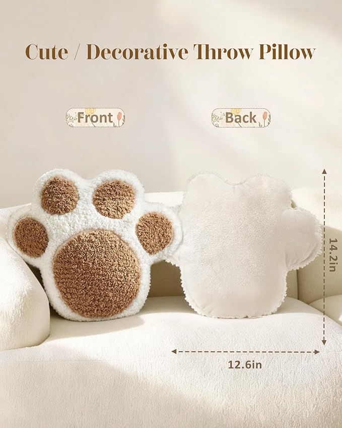 Paw Shaped Throw Pillow - Cute Decorative Plush Brown Animal Pillow for Couch, Sofa, or Living Room, 14.2" x 12.6" Soft Stuffed Dog Paw Cushion for Home Decor