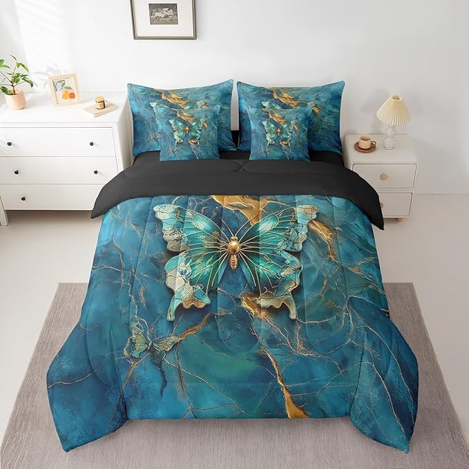 Erosebridal 7 Piece Boho Butterfly King Bedding Sets for Girls Women,Teal and Gold Marble Comforter Set Reversible,Gradient Abstract Bed in a Bag with Fitted Sheet,Flat Sheet,Pillowcases & Shams