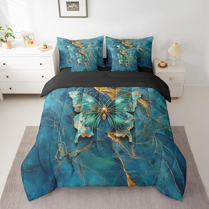 Erosebridal 7 Piece Boho Butterfly King Bedding Sets for Girls Women,Teal and Gold Marble Comforter Set Reversible,Gradient Abstract Bed in a Bag with Fitted Sheet,Flat Sheet,Pillowcases & Shams