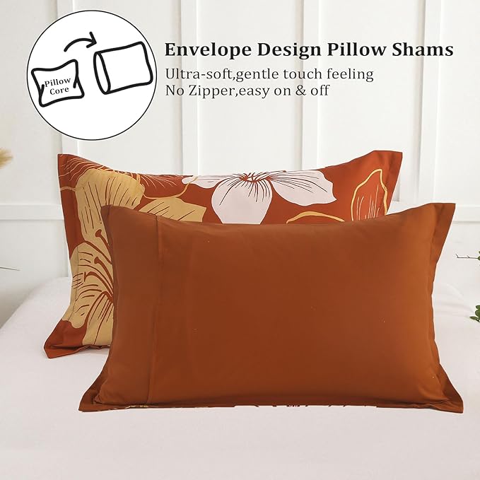 Menghomeus Terracotta Comforter Set California King Burnt Orange Floral Comforter Botanical Bedding Sets Cal King Soft Microfiber Thanksgiving Bed Set for All Season