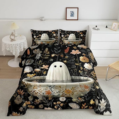 Erosebridal Halloween Ghost Comforter Set Twin, Halloween Decorations Black Bedding Set Funny Gothic Decor Comforter for Kids Boys Girls Teens Youth Adults, Retro Horror Terror Theme Quilt