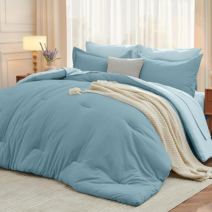 MUXHOMO 7 Pieces Queen Comforter Set, Soft Bed in a Bag Queen Size, All Season Bedding Set with Comforter, Flat Sheet, Fitted Sheet, Pillowcases & Shams, Mineral Blue & Light Blue