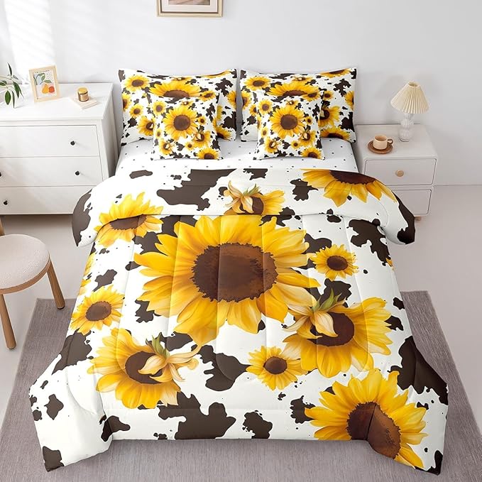 Erosebridal 7 Pcs Sunflower Cow Comforter Set Full Size,Cow Printed Bed in a Bag with Flat Sheet and Fitted Sheet for Cowboy Cowgirl,Farmhouse Cowhide Bedding Set with Pillowcases and Cushion Cases
