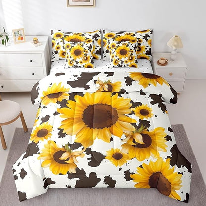 Erosebridal 7 Pcs Sunflower Cow Comforter Set Full Size,Cow Printed Bed in a Bag with Flat Sheet and Fitted Sheet for Cowboy Cowgirl,Farmhouse Cowhide Bedding Set with Pillowcases and Cushion Cases