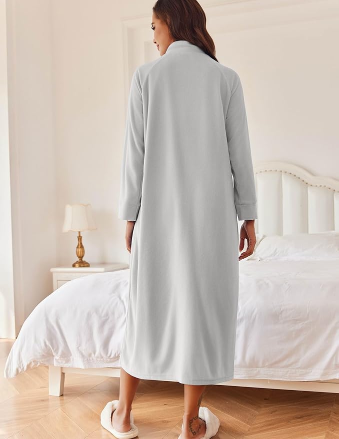 Ekouaer Women Zipper Robe Long Sleeves House Coat Soft Bathrobe Sleepwear with Pockets Housecoat Loungewear