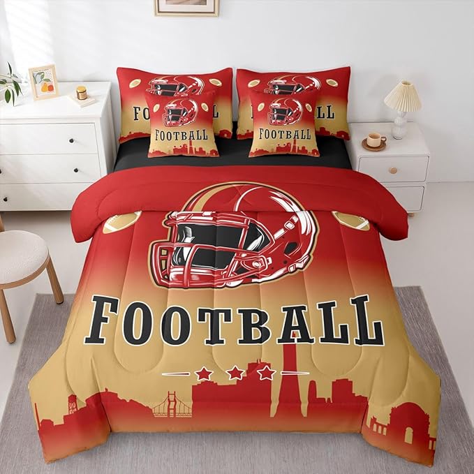Erosebridal Red Yellow Football Full Bed in A Bag for Sports Lovers,American Soccer City 7 Pcs Bedding Set for Kids Boys Teen,Sports Rugby Comforter Set with Sheets Ball Games Bed Set