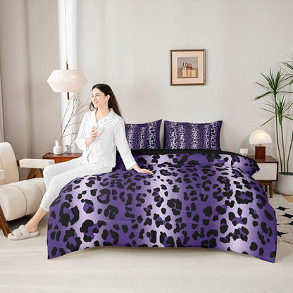 Erosebridal Purple Ombre Leopard Print Women Full Comforter Set 7 Pieces | Animal Skin Pattern Bed in A Bag for Bedroom Cheetah Gradient Fur Bedding Set with Comforters Men Adults Room Decor
