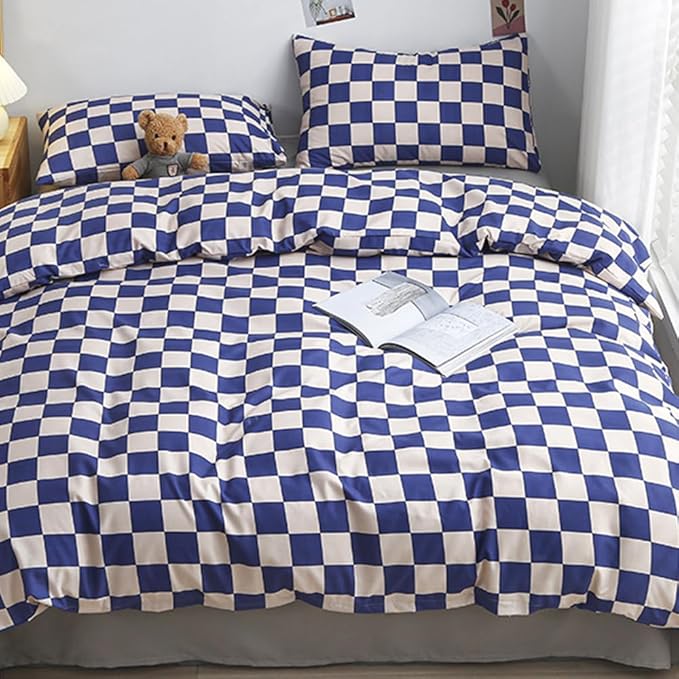 CLOTHKNOW Blue White Plaid Full Size Comforter Sets Grid Bedding Comforter Sets Soft Blue Comforter with 2 x Pillow Cases