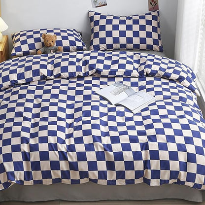 CLOTHKNOW Blue White Plaid Full Size Comforter Sets Grid Bedding Comforter Sets Soft Blue Comforter with 2 x Pillow Cases
