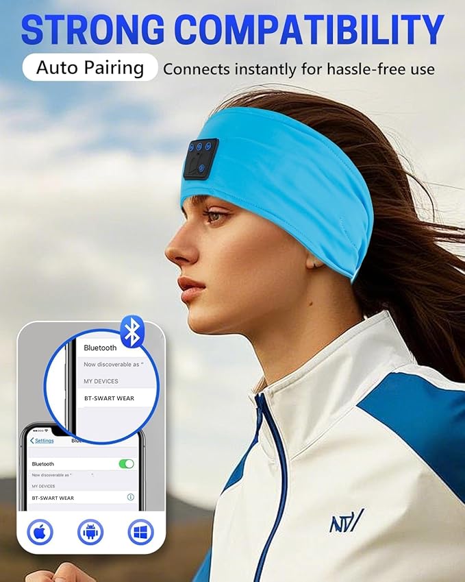 GNEGNI Sleep Headphones Bluetooth 5.4 Headband for Side Sleepers, Wireless Ultra-Thin HD Stereo Speakers Sweat Resistant Sports Headband Earphone for Workout Running Travel Yoga, Blue/Grey