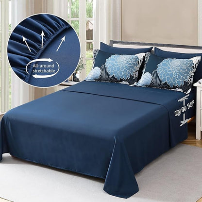 Yiran Navy Blue Floral Boho Comforter Set King Size 7 Pieces Bed in a Bag Flowers Soft Microfiber Bedding Set(1 Comforter 1 Flat Sheet 1 Fitted Sheet 2 Pillowshams 2 Pillowcases)