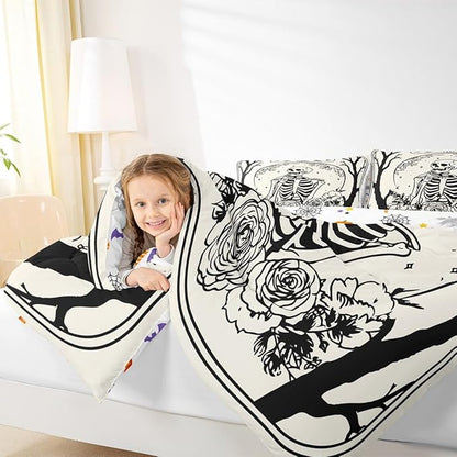 Erosebridal Halloween Gothic Skull Comforter Set Queen, Goth Skeleton Bedding Set for Kids Teens Youth Women Men Vintage Halloween Decor, Gothic Floral Comforter, Sun and Moon Quilt