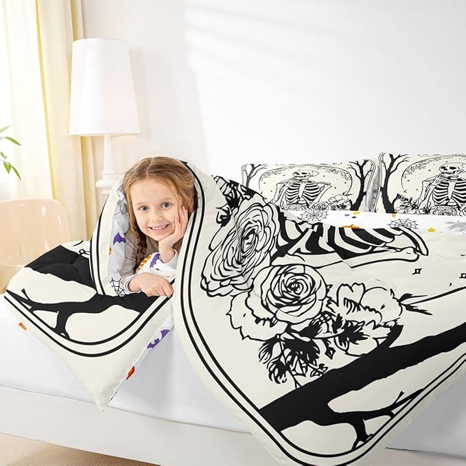 Erosebridal Halloween Gothic Skull Comforter Set Full, Goth Skeleton Bedding Set for Kids Teens Youth Women Men Vintage Halloween Decor, Gothic Floral Comforter, Sun and Moon Quilt