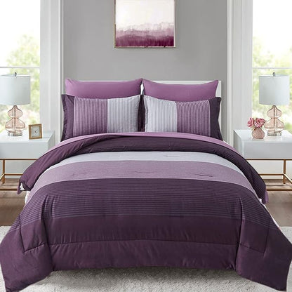 Anibedding Purple King Size Comforter Set 7 Pieces Purple Striped Bed in a Bag, Boho Patchwork All Season Comforter with Sheets, Soft Microfiber Reversible Bedding Set (103"x90")