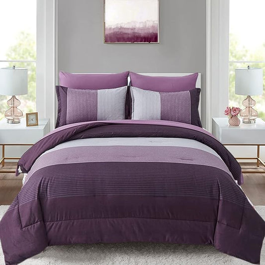 Anibedding Purple King Size Comforter Set 7 Pieces Purple Striped Bed in a Bag, Boho Patchwork All Season Comforter with Sheets, Soft Microfiber Reversible Bedding Set (103"x90")
