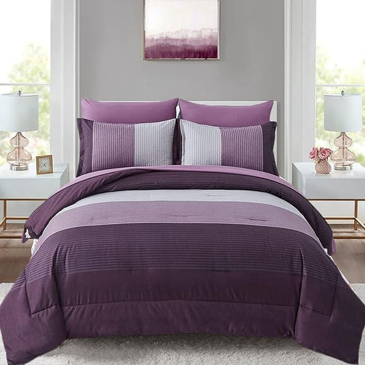Anibedding Purple Comforter Set Queen 7 Pieces Purple Striped Bed in a Bag, Boho Patchwork All Season Comforter with Sheets, Soft Microfiber Reversible Bedding Set(90"x90")
