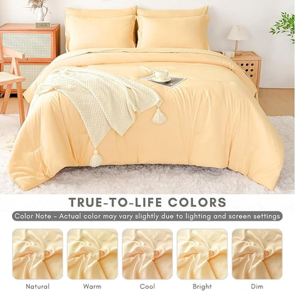 King Comforter Duvet Cover Set Buttercream - 7-Piece Bed in a Bag, Double Brushed Micorfiber All-Season Soft Bedding with Sheets & Envelope Pillowcases(102"x90",King)
