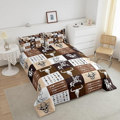 Feelyou Western Decor Bedding Set Twin Size Kids Wild Western Cowboy Comforter Set Horse Longhorn Skull Arrow Geometric Plaid Comforter for Room Decor Brown Duvet Set with 1 Pillow Case