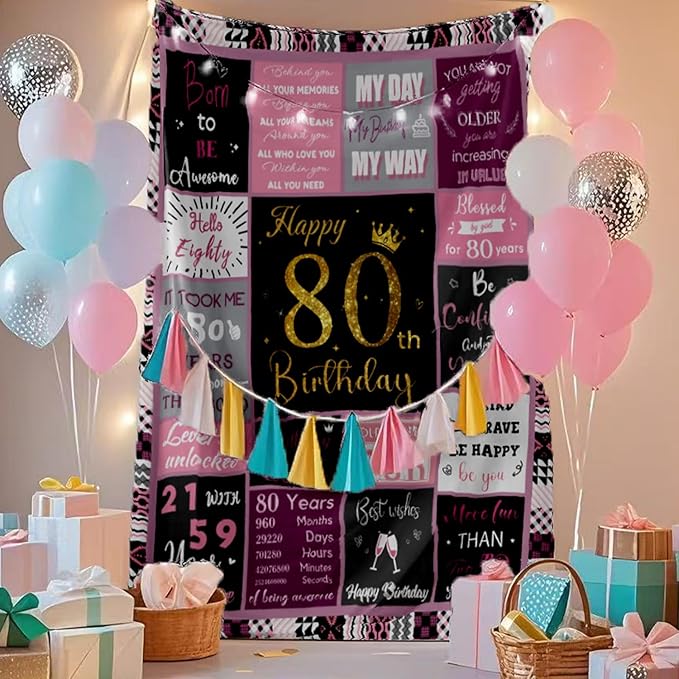 80 Birthday Gifts for Women, 80th Birthday Blanket with Gift Box for Women, Gifts for 80th Birthday, Happy 80th Birthday Decorations Gift Ideas for Her, 80th Birthday Gifts Throw Blanket 60"x50"