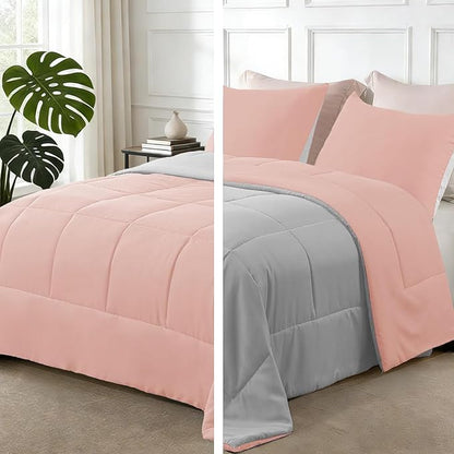 Exclusivo Mezcla Lightweight Summer Reversible King Size Comforter Set, Down Alternative Comforter with 2 Pillow Sham, King Size Bedding Set for All Seasons, Blush Pink/Light Grey