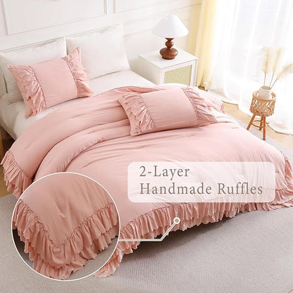 Herside Pink Ruffle Comforter Set Queen Size,Shabby Chic Boho Bedding Sets, Soft Fluffy Comforters Sets for All Season,Vintage Ruffled 3 Pcs Microfiber Lightweight Quilt Set for Women Girls