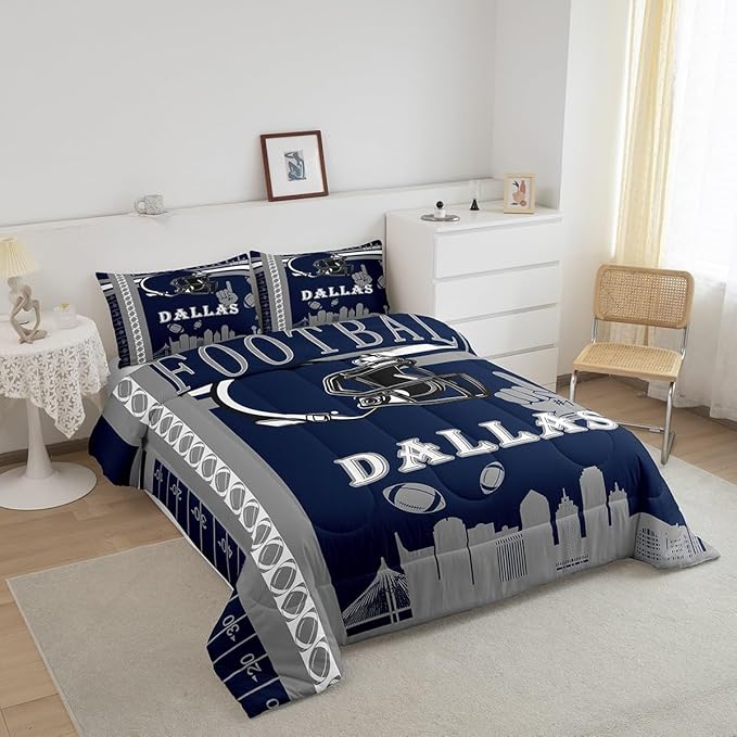 Feelyou Football Bedding Set Boys Girls Full Size Women Men Rugby Sports Comforter Football City Duvet Quilt Gray Dark Blue Room Decor