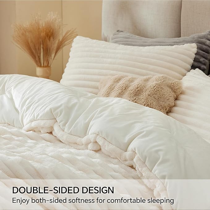 BEDELITE Fleece Twin Comforter Set -Super Soft & Warm Fluffy Cream White Bedding, Luxury Fuzzy Heavy Bed Set for Winter with 1 Pillow case