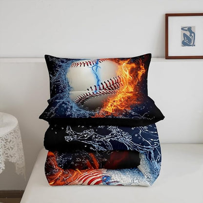 Baseball Comforter Set Twin Size for Teen Boy Room Decor, Fire and Ice Sports Baseball Down Comforter Kids Men Modern Sports Theme Quilted Duvet (1 Comforter Set + 1 Pillow Case), Red and Blue