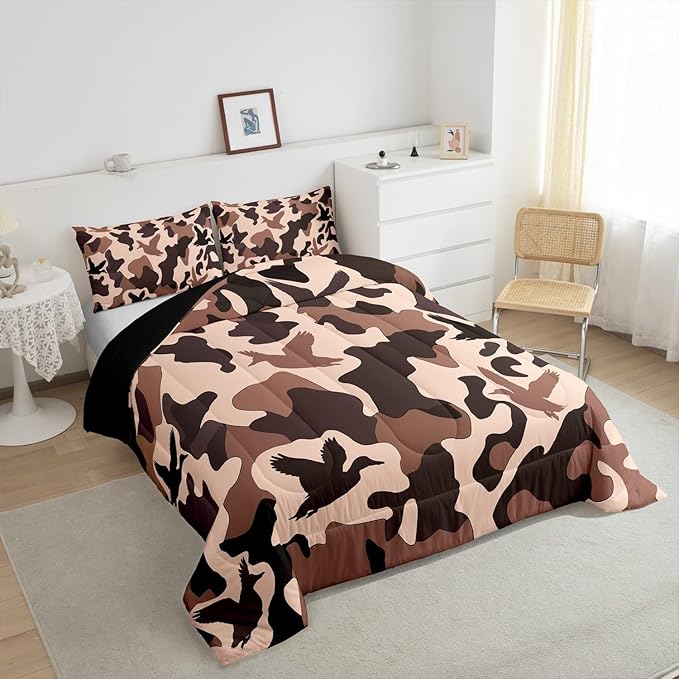 Erosebridal Camo Comforter Set King Size Duck Hunter Bedding for Kids Girls Army Camouflage Hunting Bedding Comforter Sets Vintage Pink Brown Room Decor Wild Animal Duck Farmhouse Duvet Insert