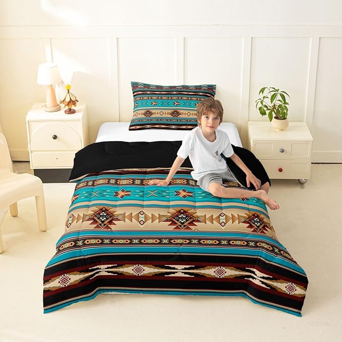 Aztec Bedding Set Ethnic Tribal Arrow Comforter Set,Vintage Southwestern Native Bohemian Quilt Twin,Western Star Duvet Insert Exotic Geometric Diamond Stripes Room Decor,Teal Blue and Brown