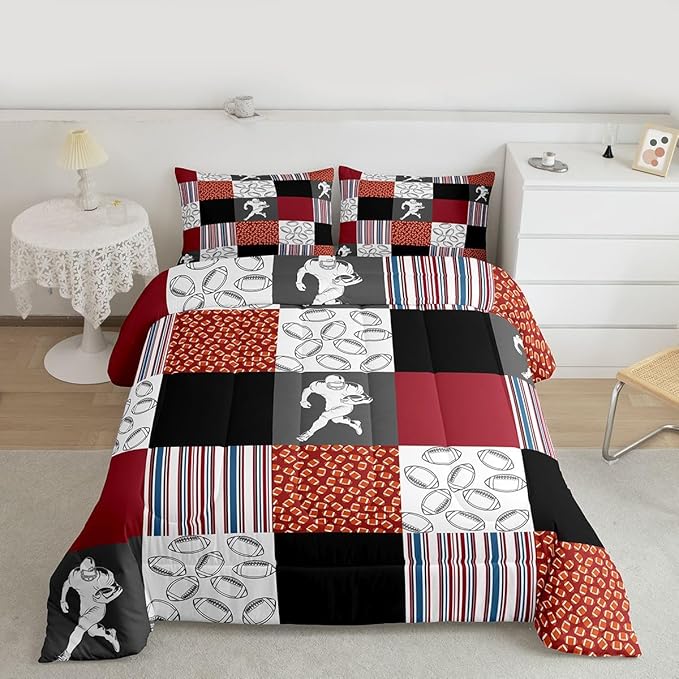 Feelyou Football Kids Comforter Set Full Size Rugby Sports Bedding Set Soccer Ball Game Duvet Quilt for Kids Boys Girls Bedroom Gift for Football Lover Decor Orange Red Ultra Soft Breathable