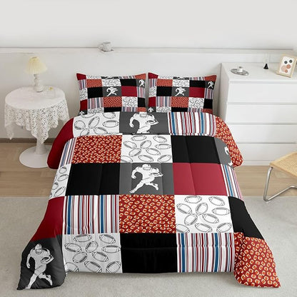 Feelyou Football Kids Comforter Set Full Size Rugby Sports Bedding Set Soccer Ball Game Duvet Quilt for Kids Boys Girls Bedroom Gift for Football Lover Decor Orange Red Ultra Soft Breathable