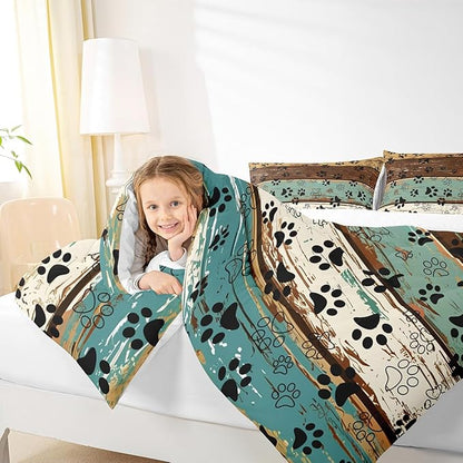 Manfei Dog Paw Print Comforter Set King Size, Animal Theme Bedding Set for Kids Boys Girls Room Decor, Farmhouse Blue Brown Wooden Plank Down Comforter, Soft Polyester Quilt Set,2 Pillowcases