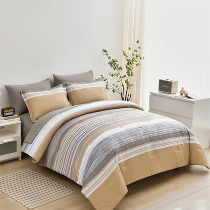 7 Piece Bed in a Bag Stripe Comforter Set Full Size, White Grey Khaki Striped Comforter and Sheet Set, All Season Soft Microfiber Complete Bedding Set(Khaki,Full)