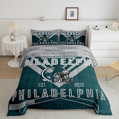 Feelyou Football Bedding Set Boys Girls Full Size Women Men Rugby Sports Comforter Football City Duvet Quilt Gray Green Room Decor