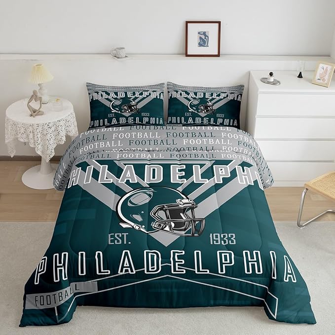 Feelyou Football Bedding Set Boys Girls Toddler Size Women Men Rugby Sports Comforter Football City Duvet Quilt Gray Green Room Decor