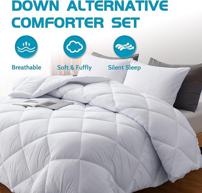 Decroom Lightweight Full Comforter Set with 2 Pillow Sham - 3 Pieces Set - Quilted Down Alternative Comforter/Duvet Insert for All Season - White - Full Size