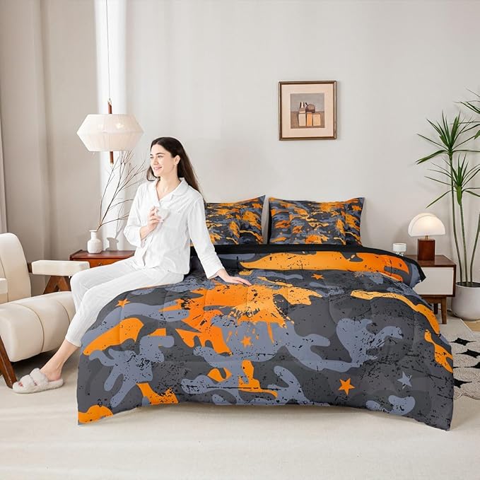 Erosebridal Camo King Comforter Set Graffiti 7-Piece Bed in A Bag Watercolor Grunge Ink Splash Ombre Sheets and Pillowcases Grey Orange Bed Sets
