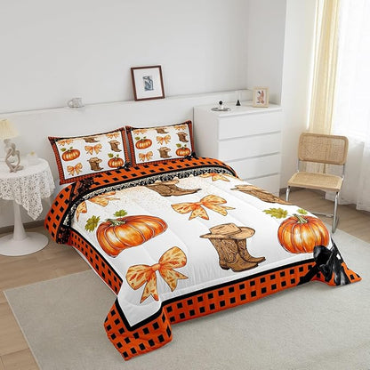 Erosebridal Western Cowgirl Comforter Set King,Cowboy Boots Hat Bedding Set Orange Plaid Bowknots Bedding Comforter Sets for Kids Boys Girls Bedroom Decor,Pumpkin Fall Harvest Quilt Duvet 3 Pcs