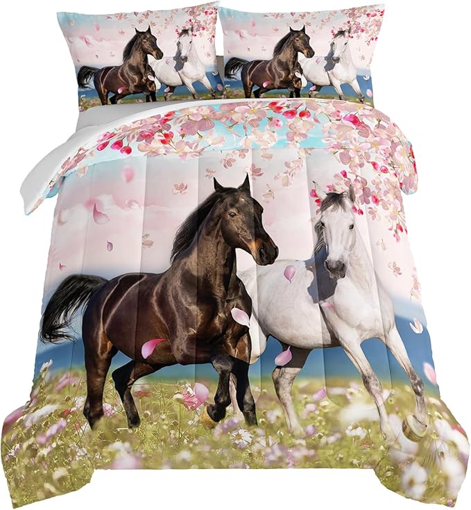 HOSIMA Horse Bedding Set for Girls - Spring Farm Animals Pink Cherry Blossom Pattern Full Size Comforter Set With 2 Pillow Shams - Western Theme Room Decor