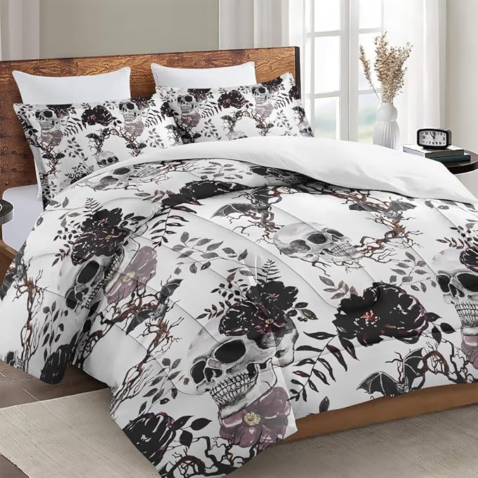 Comforter Set King Size, Vintage Soft 3 Pcs Bedding for Kids and Adults, Skeleton Flower Dead Tree Comforter Set with Pillowcase, for Bedroom Bed Decor